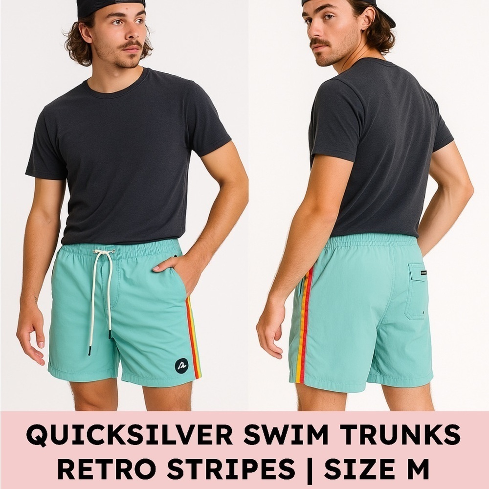 Quiksilver Retro Swim Trunks — Aqua w/ Rainbow Stripe (M) Surf Board Shorts - Picture 13 of 14